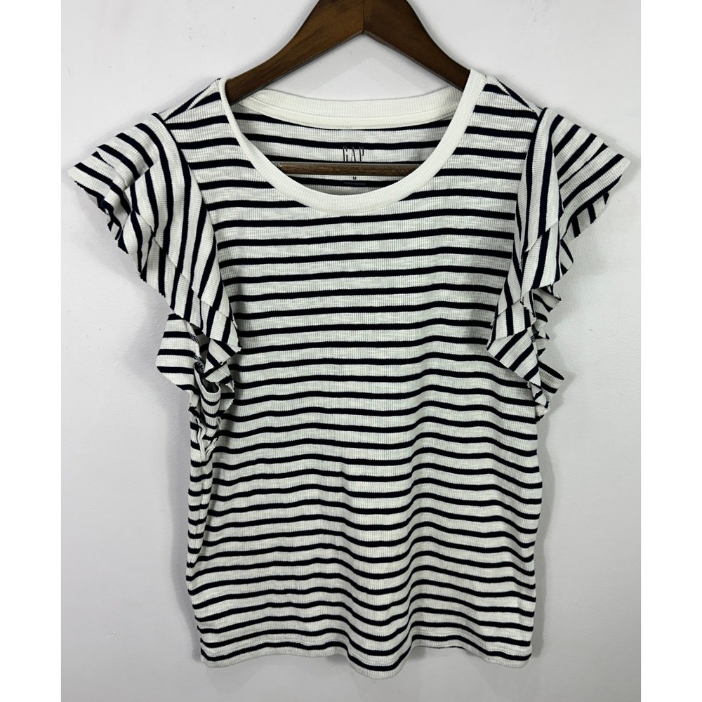 Gap Striped Ribbed Knit Top Women Medium Ruffle Preppy Nautical Parisian Coastal